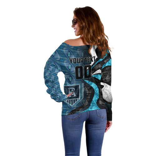 Personalised Port Adelaide Off Shoulder Sweater Trippy Psychedelic Abstract Art Mascot Football Fans