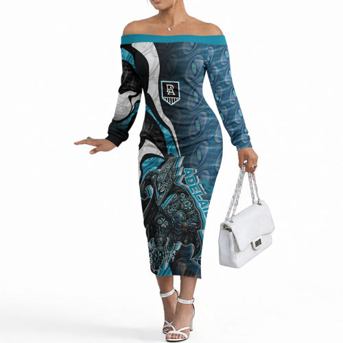 Personalised Port Adelaide Off The Shoulder Long Sleeve Dress Trippy Psychedelic Abstract Art Mascot Football Fans