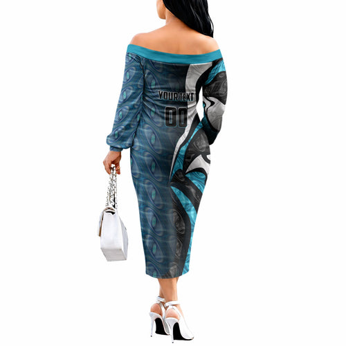 Personalised Port Adelaide Off The Shoulder Long Sleeve Dress Trippy Psychedelic Abstract Art Mascot Football Fans
