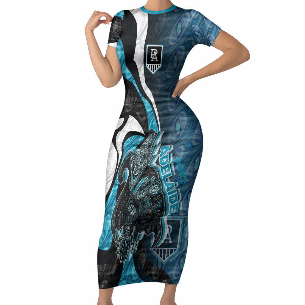 Personalised Port Adelaide Short Sleeve Bodycon Dress Trippy Psychedelic Abstract Art Mascot Football Fans