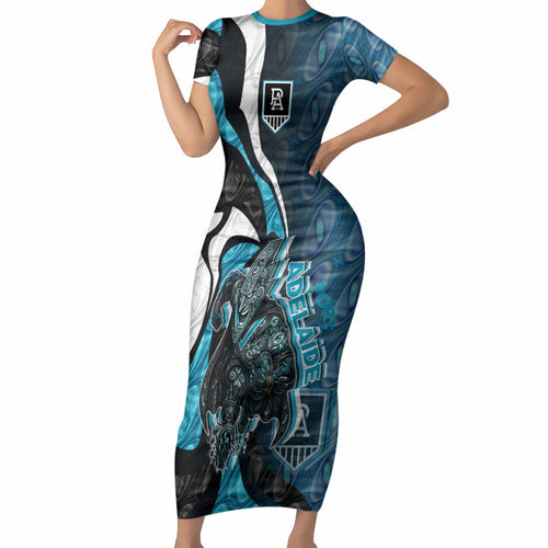 Personalised Port Adelaide Short Sleeve Bodycon Dress Trippy Psychedelic Abstract Art Mascot Football Fans