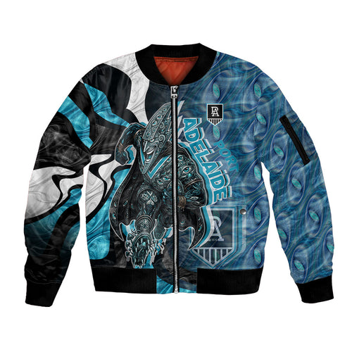 Personalised Port Adelaide Sleeve Zip Bomber Jacket Trippy Psychedelic Abstract Art Mascot Football Fans