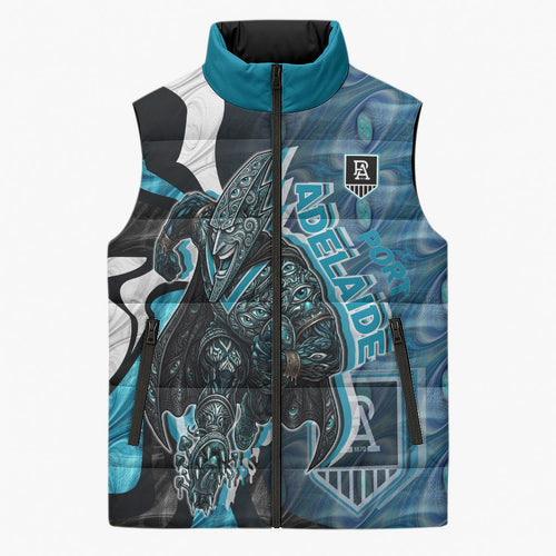 Personalised Port Adelaide Sleeveless Puffer Jacket Trippy Psychedelic Abstract Art Mascot Football Fans