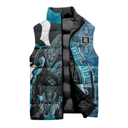 Personalised Port Adelaide Sleeveless Puffer Jacket Trippy Psychedelic Abstract Art Mascot Football Fans