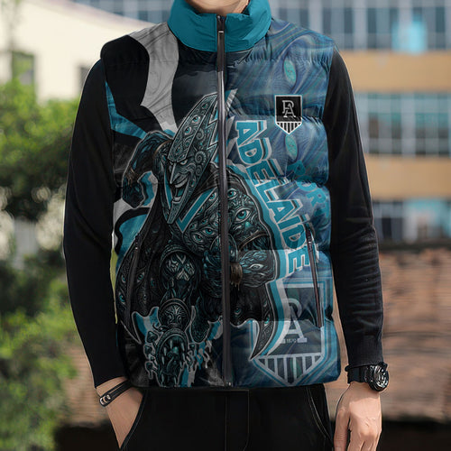 Personalised Port Adelaide Sleeveless Puffer Jacket Trippy Psychedelic Abstract Art Mascot Football Fans