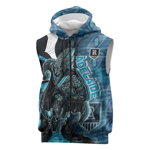 Personalised Port Adelaide Sleeveless Zip Hoodie Trippy Psychedelic Abstract Art Mascot Football Fans