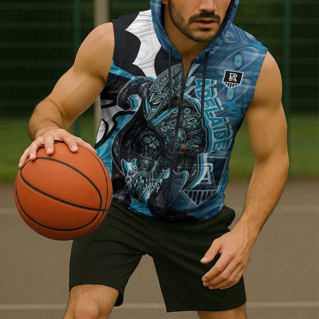 Personalised Port Adelaide Sleeveless Zip Hoodie Trippy Psychedelic Abstract Art Mascot Football Fans