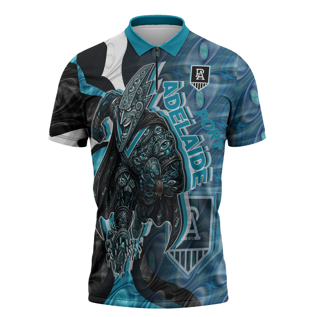 Personalised Port Adelaide Zipper Polo Shirt Trippy Psychedelic Abstract Art Mascot Football Fans
