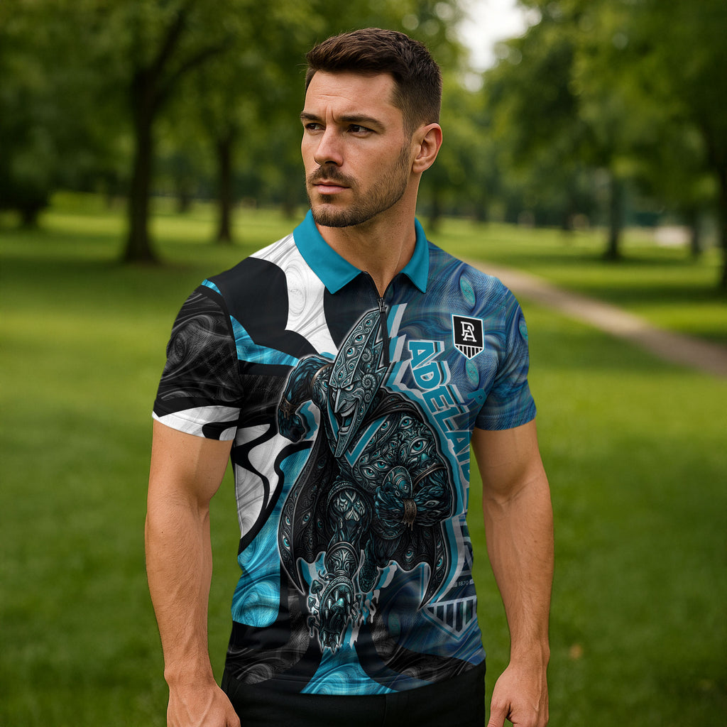 Personalised Port Adelaide Zipper Polo Shirt Trippy Psychedelic Abstract Art Mascot Football Fans