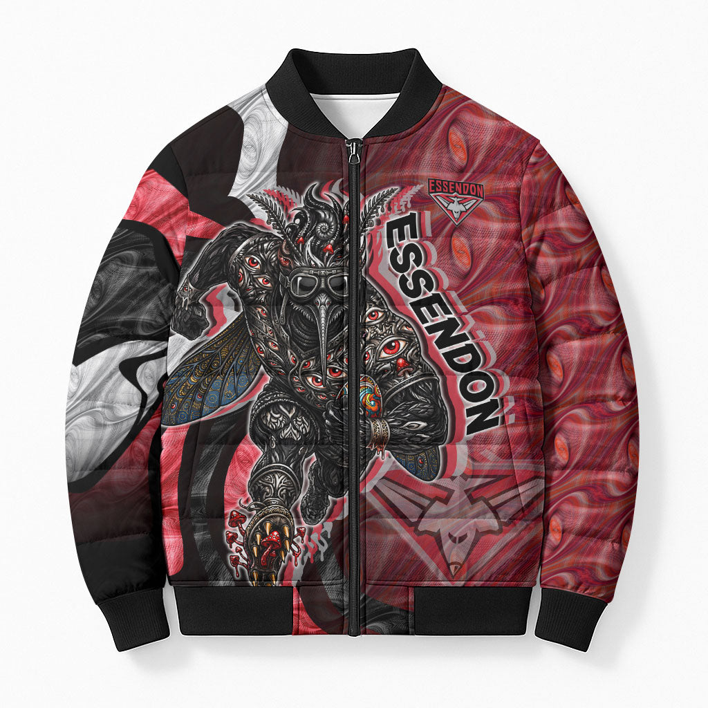 Personalised Essendon Bombers Bomber Puffer Jacket Trippy Psychedelic Abstract Art Mascot Football Fans