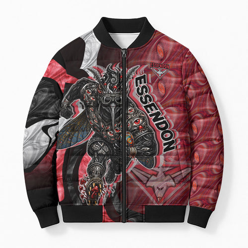 Personalised Essendon Bombers Bomber Puffer Jacket Trippy Psychedelic Abstract Art Mascot Football Fans