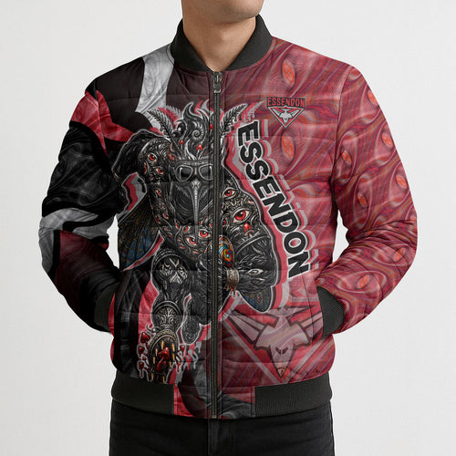 Personalised Essendon Bombers Bomber Puffer Jacket Trippy Psychedelic Abstract Art Mascot Football Fans