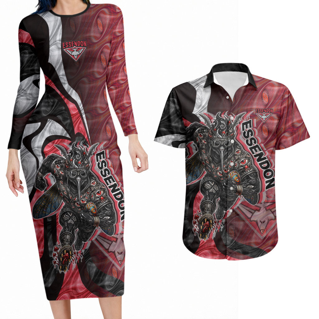 Personalised Essendon Bombers Couples Matching Long Sleeve Bodycon Dress and Hawaiian Shirt Trippy Psychedelic Abstract Art Mascot Football Fans