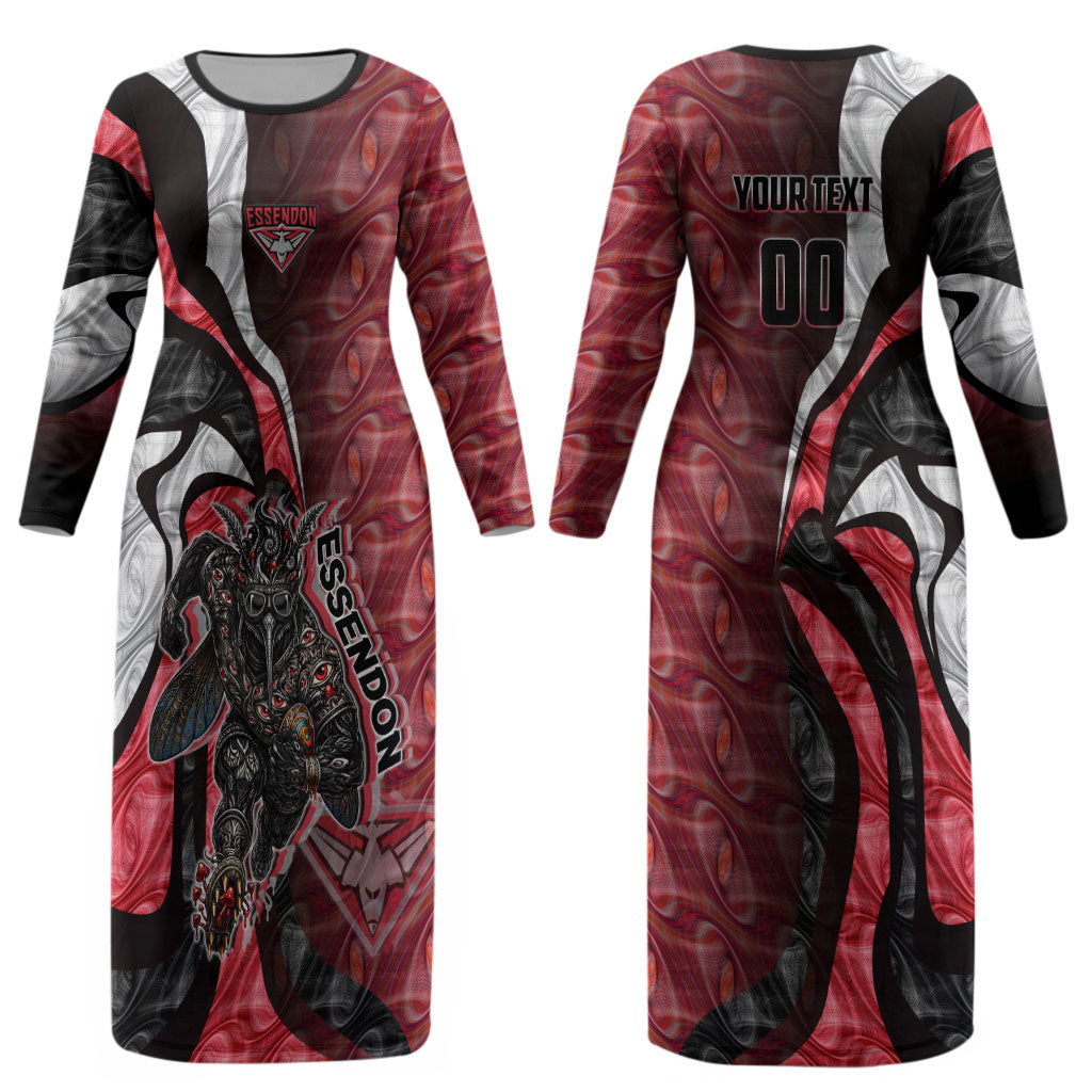 Personalised Essendon Bombers Couples Matching Long Sleeve Bodycon Dress and Hawaiian Shirt Trippy Psychedelic Abstract Art Mascot Football Fans