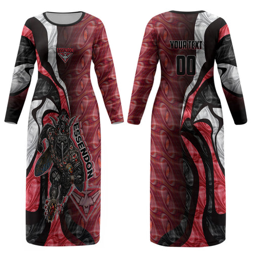 Personalised Essendon Bombers Couples Matching Long Sleeve Bodycon Dress and Hawaiian Shirt Trippy Psychedelic Abstract Art Mascot Football Fans