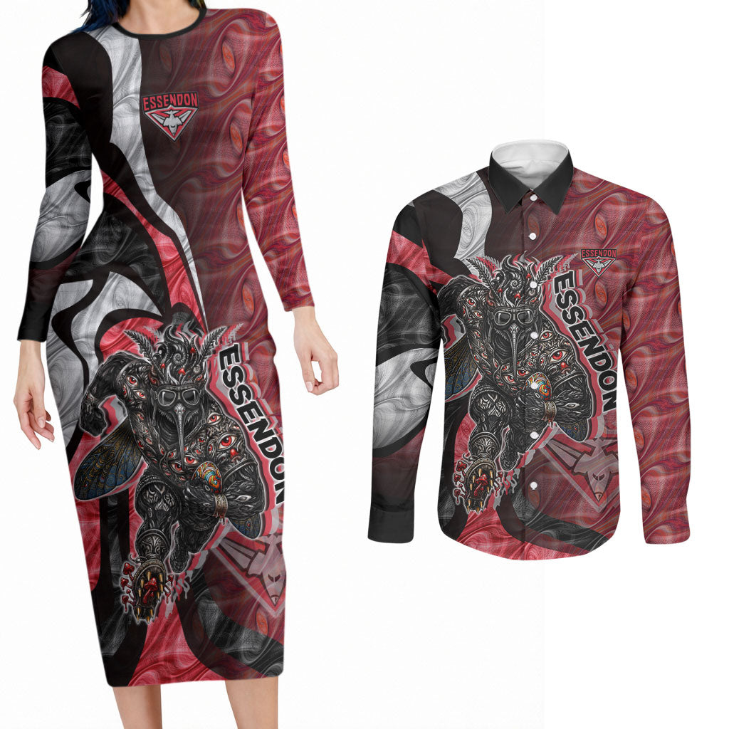 Personalised Essendon Bombers Couples Matching Long Sleeve Bodycon Dress and Long Sleeve Button Shirt Trippy Psychedelic Abstract Art Mascot Football Fans