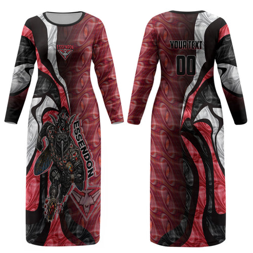Personalised Essendon Bombers Couples Matching Long Sleeve Bodycon Dress and Long Sleeve Button Shirt Trippy Psychedelic Abstract Art Mascot Football Fans