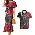 Personalised Essendon Bombers Couples Matching Mermaid Dress and Hawaiian Shirt Trippy Psychedelic Abstract Art Mascot Football Fans