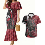 Personalised Essendon Bombers Couples Matching Mermaid Dress and Hawaiian Shirt Trippy Psychedelic Abstract Art Mascot Football Fans