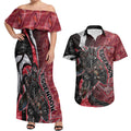 Personalised Essendon Bombers Couples Matching Off Shoulder Maxi Dress and Hawaiian Shirt Trippy Psychedelic Abstract Art Mascot Football Fans