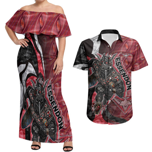 Personalised Essendon Bombers Couples Matching Off Shoulder Maxi Dress and Hawaiian Shirt Trippy Psychedelic Abstract Art Mascot Football Fans