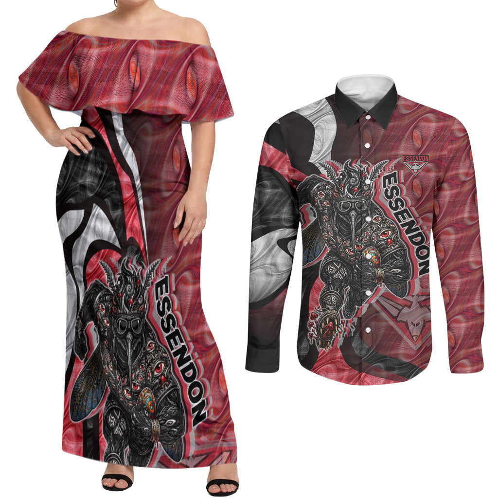 Personalised Essendon Bombers Couples Matching Off Shoulder Maxi Dress and Long Sleeve Button Shirt Trippy Psychedelic Abstract Art Mascot Football Fans