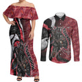 Personalised Essendon Bombers Couples Matching Off Shoulder Maxi Dress and Long Sleeve Button Shirt Trippy Psychedelic Abstract Art Mascot Football Fans