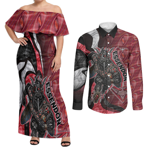 Personalised Essendon Bombers Couples Matching Off Shoulder Maxi Dress and Long Sleeve Button Shirt Trippy Psychedelic Abstract Art Mascot Football Fans