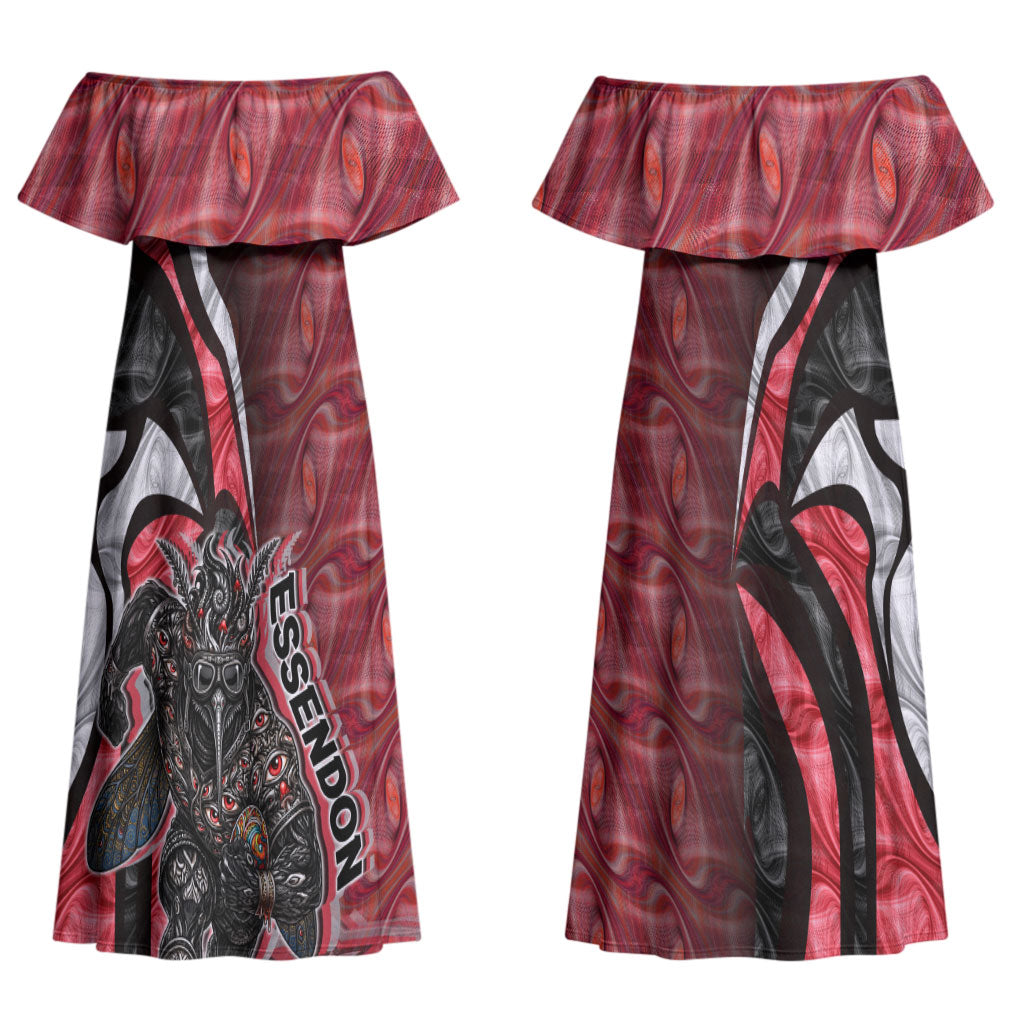 Personalised Essendon Bombers Couples Matching Off Shoulder Maxi Dress and Long Sleeve Button Shirt Trippy Psychedelic Abstract Art Mascot Football Fans