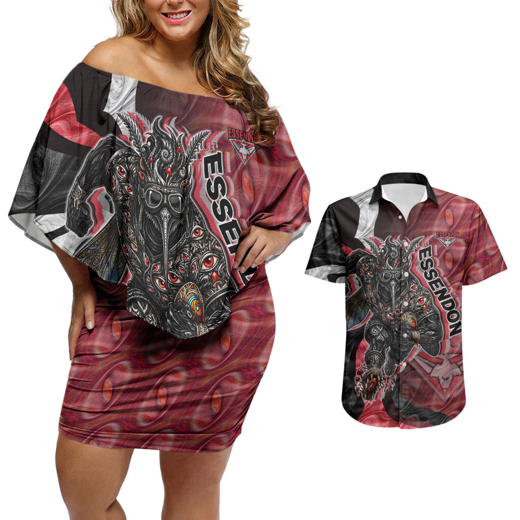 Personalised Essendon Bombers Couples Matching Off Shoulder Short Dress and Hawaiian Shirt Trippy Psychedelic Abstract Art Mascot Football Fans