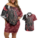 Personalised Essendon Bombers Couples Matching Off Shoulder Short Dress and Hawaiian Shirt Trippy Psychedelic Abstract Art Mascot Football Fans