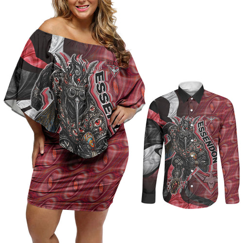 Personalised Essendon Bombers Couples Matching Off Shoulder Short Dress and Long Sleeve Button Shirt Trippy Psychedelic Abstract Art Mascot Football Fans