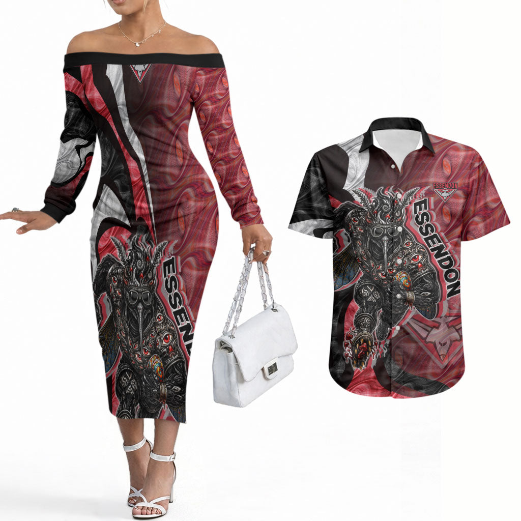 Personalised Essendon Bombers Couples Matching Off The Shoulder Long Sleeve Dress and Hawaiian Shirt Trippy Psychedelic Abstract Art Mascot Football Fans