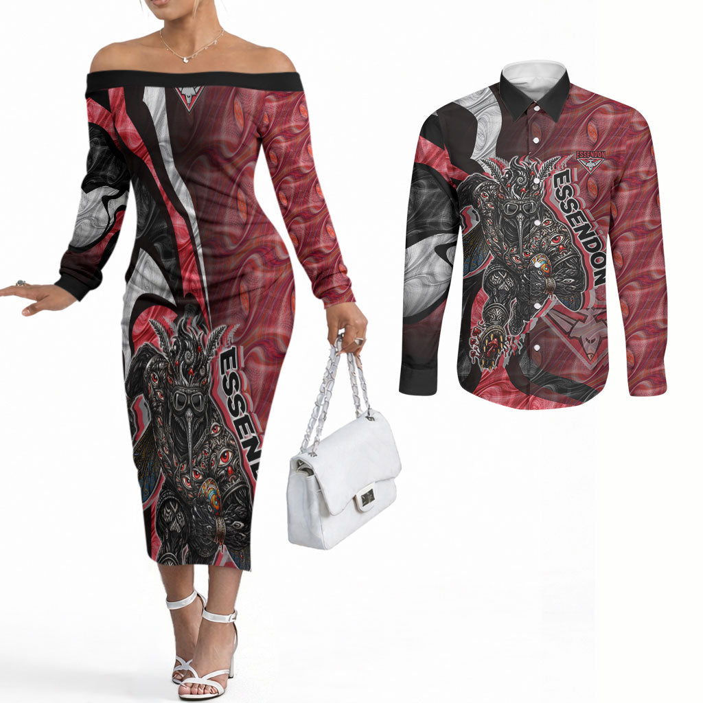 Personalised Essendon Bombers Couples Matching Off The Shoulder Long Sleeve Dress and Long Sleeve Button Shirt Trippy Psychedelic Abstract Art Mascot Football Fans