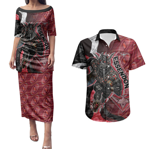 Personalised Essendon Bombers Couples Matching Puletasi and Hawaiian Shirt Trippy Psychedelic Abstract Art Mascot Football Fans