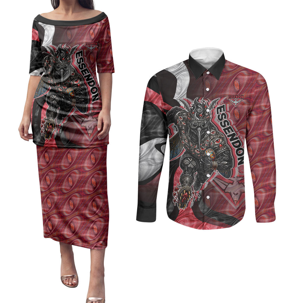 Personalised Essendon Bombers Couples Matching Puletasi and Long Sleeve Button Shirt Trippy Psychedelic Abstract Art Mascot Football Fans