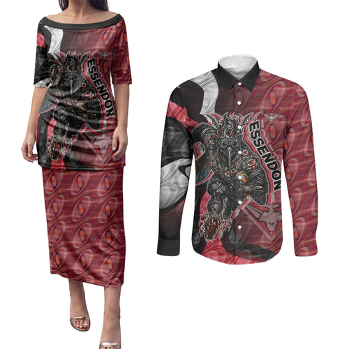 Personalised Essendon Bombers Couples Matching Puletasi and Long Sleeve Button Shirt Trippy Psychedelic Abstract Art Mascot Football Fans