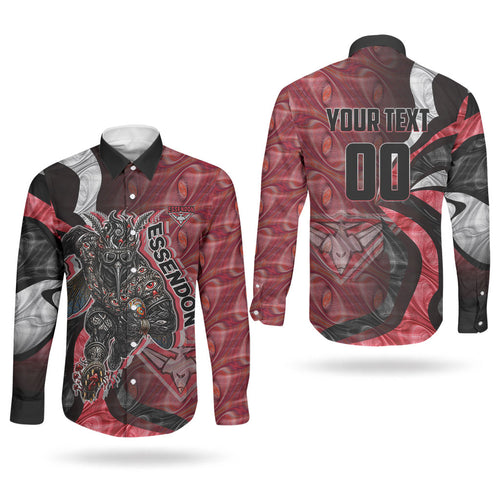 Personalised Essendon Bombers Couples Matching Puletasi and Long Sleeve Button Shirt Trippy Psychedelic Abstract Art Mascot Football Fans