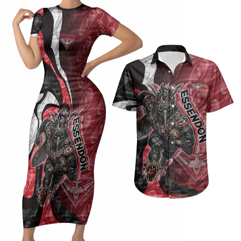Personalised Essendon Bombers Couples Matching Short Sleeve Bodycon Dress and Hawaiian Shirt Trippy Psychedelic Abstract Art Mascot Football Fans