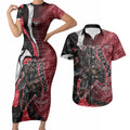 Personalised Essendon Bombers Couples Matching Short Sleeve Bodycon Dress and Hawaiian Shirt Trippy Psychedelic Abstract Art Mascot Football Fans