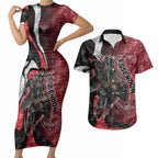Personalised Essendon Bombers Couples Matching Short Sleeve Bodycon Dress and Hawaiian Shirt Trippy Psychedelic Abstract Art Mascot Football Fans