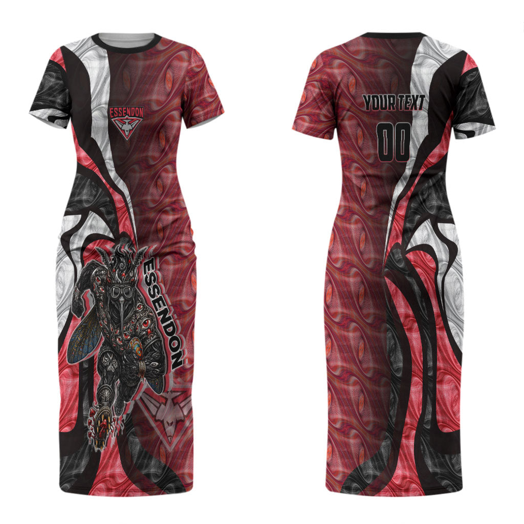 Personalised Essendon Bombers Couples Matching Short Sleeve Bodycon Dress and Hawaiian Shirt Trippy Psychedelic Abstract Art Mascot Football Fans