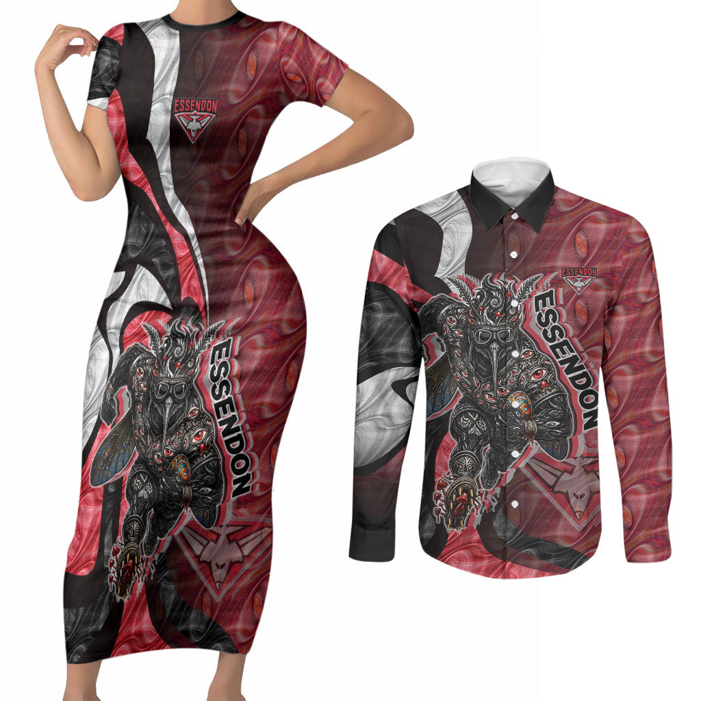 Personalised Essendon Bombers Couples Matching Short Sleeve Bodycon Dress and Long Sleeve Button Shirt Trippy Psychedelic Abstract Art Mascot Football Fans