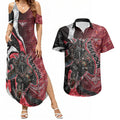 Personalised Essendon Bombers Couples Matching Summer Maxi Dress and Hawaiian Shirt Trippy Psychedelic Abstract Art Mascot Football Fans