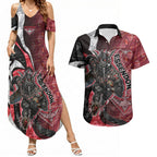 Personalised Essendon Bombers Couples Matching Summer Maxi Dress and Hawaiian Shirt Trippy Psychedelic Abstract Art Mascot Football Fans