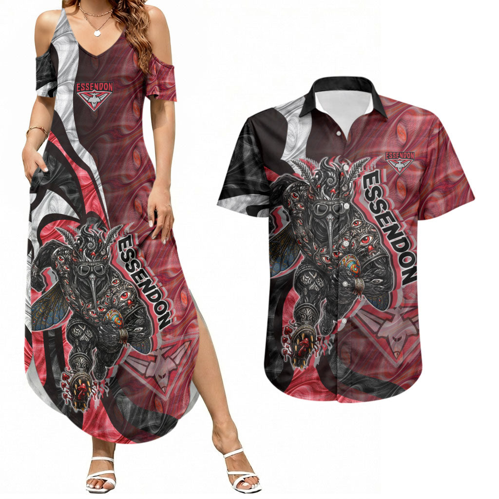 Personalised Essendon Bombers Couples Matching Summer Maxi Dress and Hawaiian Shirt Trippy Psychedelic Abstract Art Mascot Football Fans