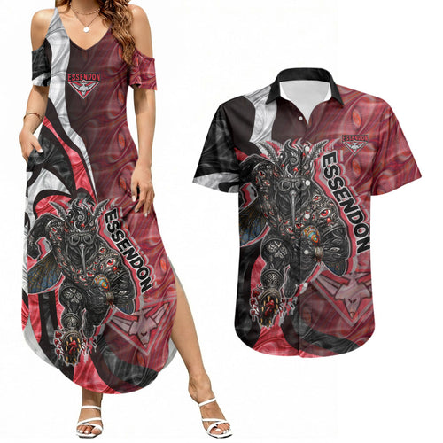Personalised Essendon Bombers Couples Matching Summer Maxi Dress and Hawaiian Shirt Trippy Psychedelic Abstract Art Mascot Football Fans
