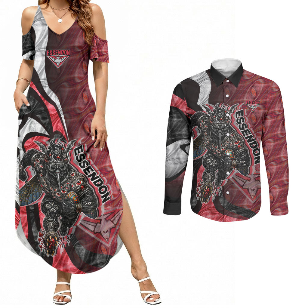 Personalised Essendon Bombers Couples Matching Summer Maxi Dress and Long Sleeve Button Shirt Trippy Psychedelic Abstract Art Mascot Football Fans