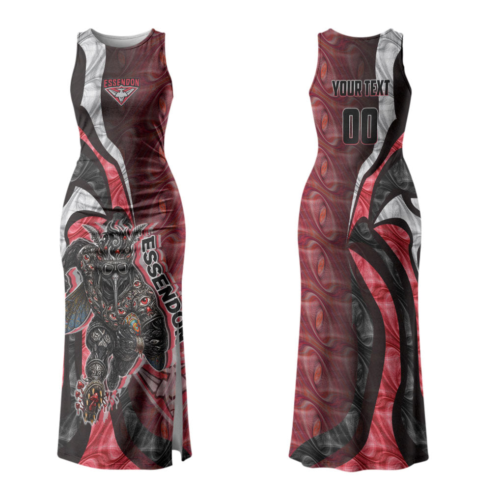 Personalised Essendon Bombers Couples Matching Tank Maxi Dress and Hawaiian Shirt Trippy Psychedelic Abstract Art Mascot Football Fans
