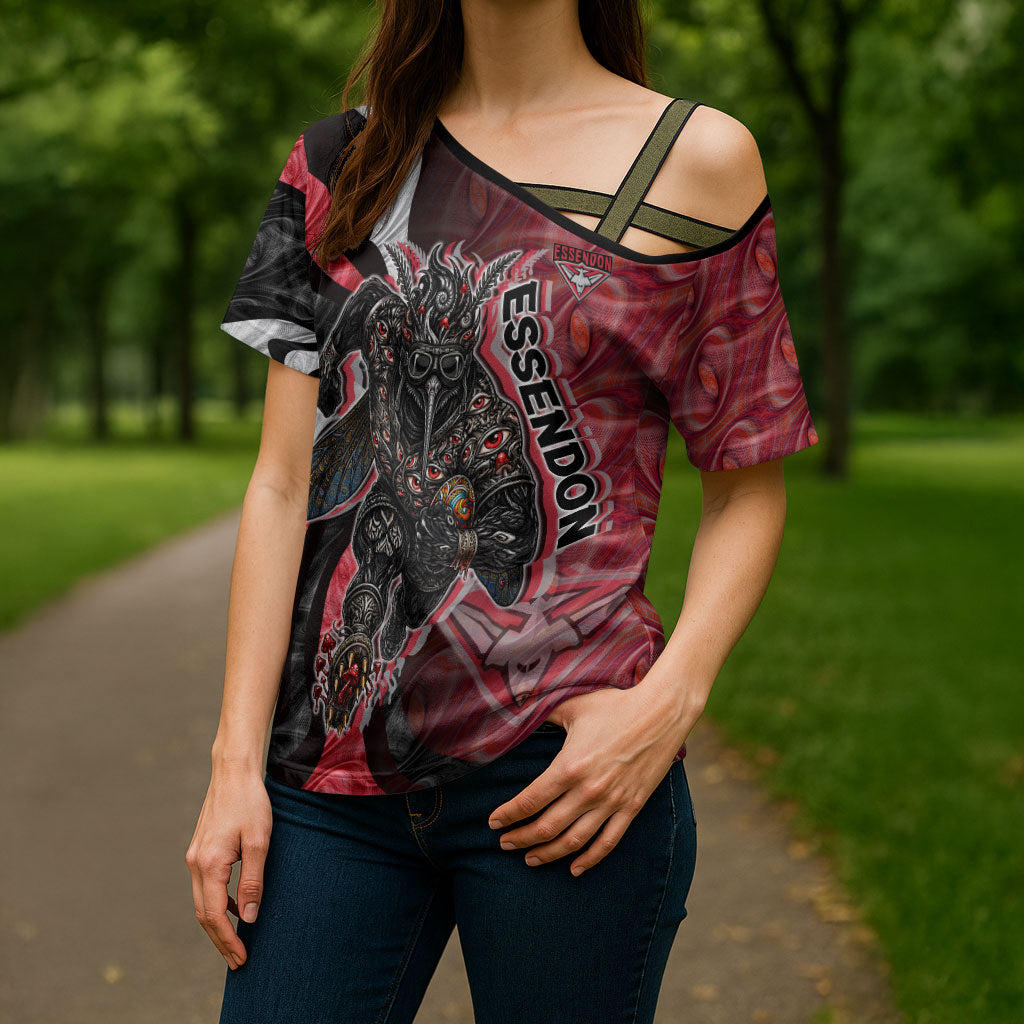 Personalised Essendon Bombers Cross Shoulder Shirt Trippy Psychedelic Abstract Art Mascot Football Fans